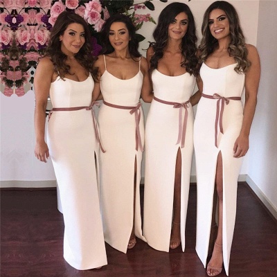 Sexy Side Slit White Bridesmaid Dresses  | Sleeveless Straps Long Wedding Party Dress with Sash_3