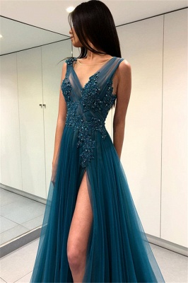 Sexy V-Neck Tulle A-line Prom Dresses |  Sleeveless Side Slit Appliques Evening Dresses SK0185_1