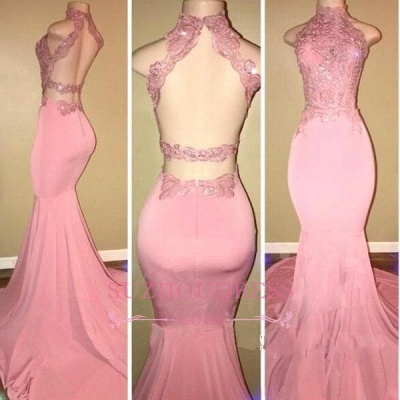 Pink Open-Back High-Neck Prom Dresses | Long Mermaid Appliques Evening Dresses_1