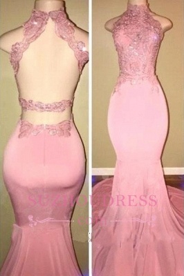 Pink Open-Back High-Neck Prom Dresses | Long Mermaid Appliques Evening Dresses_2
