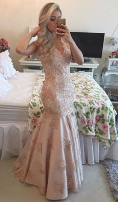 Sexy V-Neck Mermaid Crystal Long Formal Occasion Dress Lace Beadings Trumpet Evening Dress_2