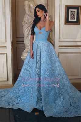 Glamorous Sweetheart Lace Formal Evening Dresses  A-line Ruffles Blue Prom Dress_3