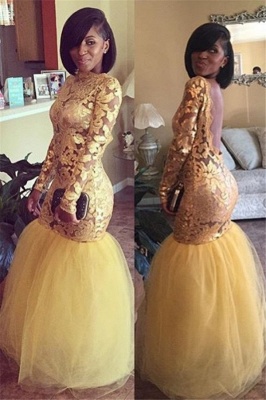 Long Sleeve Gold Lace Prom Dresses  | Mermaid Tulle Open Back Sexy Evening Dress BA8038_1