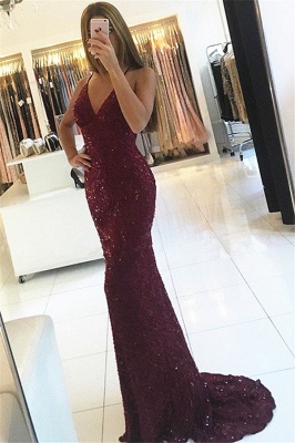 Sexy Burgundy Shiny Sequins Evening Gowns V-neck Straps Backless Formal Prom Dress BA6854_1