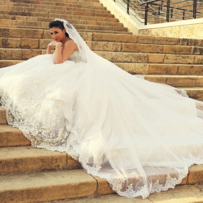 Noble Sweetheart Crystal Ball Gown Wedding Dress Lace Chapel Train Plus Size Princess Dress_3
