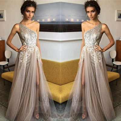 Glamorous A-Line One Sholder Prom Dresses  Sequins Side Slit A-line Evening Gowns SK0075_1
