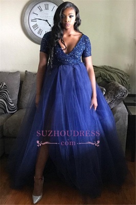 Plus-Size A-line Tulle Prom Dress | Short Sleeves V-Neck Party Dresses_3