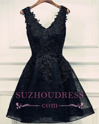 Lace-Up Short Beading Black Lace-Appliques V-Neck Homecoming Dresses_1