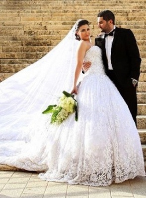 Noble Sweetheart Crystal Ball Gown Wedding Dress Lace Chapel Train Plus Size Princess Dress_1