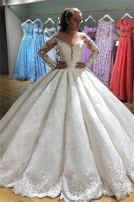Elegant Long Sleeves Appliques Wedding Dresses  | Puffy Sheer Bridal Ball Gown_1