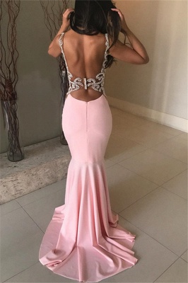Pink Open Back Prom Dresses | Sleeveless Mermaid Crystal Evening Gowns_4