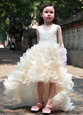 Cute V-Neck Organza Princess Girl Dress Bowknot Hi-Lo Sleeveless Flower Girl Dresses_1