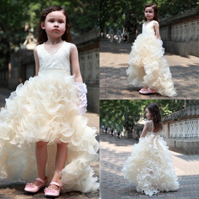 Cute V-Neck Organza Princess Girl Dress Bowknot Hi-Lo Sleeveless Flower Girl Dresses_5