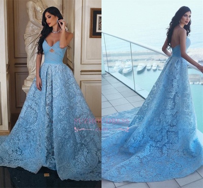 Glamorous Sweetheart Lace Formal Evening Dresses  A-line Ruffles Blue Prom Dress_1