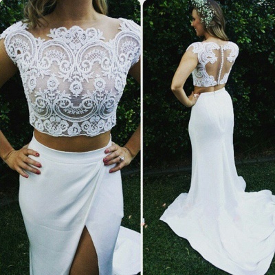 Two Piece Lace Wedding Dress  Front Split Buttons Summer Outdoor Wedding Gowns_3