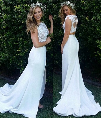 Two Piece Lace Wedding Dress  Front Split Buttons Summer Outdoor Wedding Gowns_1
