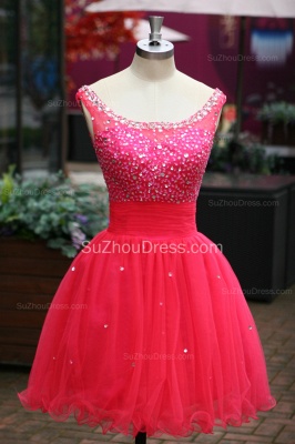 Peachblow Prom Dresses Scoop Beading Crystal Ruched A Line Sleeveless Zipper Organza Short Evening Gowns_5