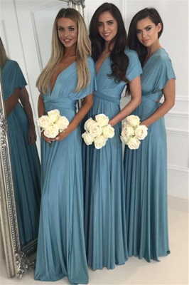 Deep V-neck Convertible Bridesmaid Dresses  | Floor Length Sexy Blue Chiffon Wedding Party Dress_2