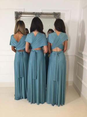 Deep V-neck Convertible Bridesmaid Dresses  | Floor Length Sexy Blue Chiffon Wedding Party Dress_5