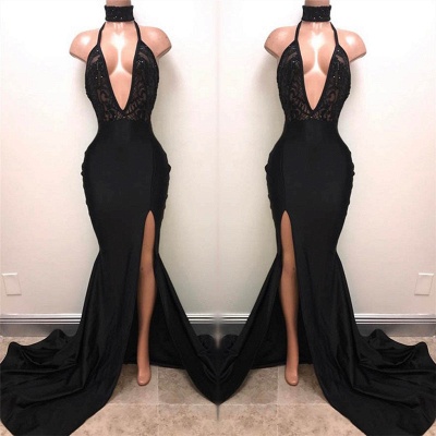 Halter Deep V-neck Black Prom Dresses  | Sexy Slit Sleeveless  Evening Dress_3