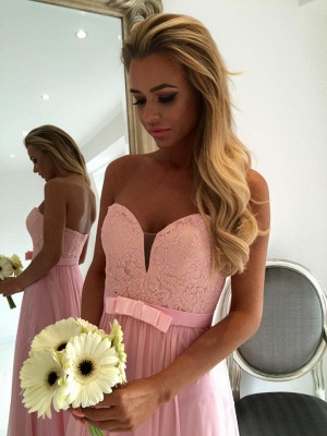Sweetheart Pink Lace Chiffon Bridesmaid Dresses | Open Back  Blowknot Maid Of Honor Dress_3