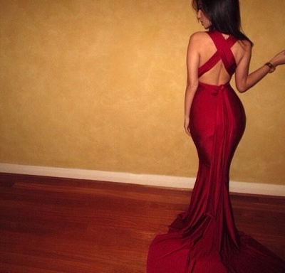 Burgundy  Mermaid Prom Dresses Sexy Cross Back  Evening Gowns_3