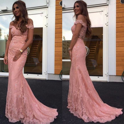 Pink Mermaid Off the Shoulder Prom Dresses  Lace Sweep Train Evening Gowns_1