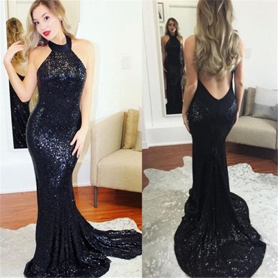 Halter Sleeveless Sparkly Sequins Formal Dresses   Open Back Sexy Evening Gown_3