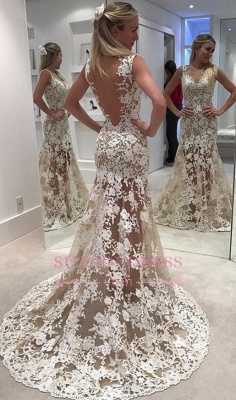 Lace Designer Sheer Ivory Bride Dresses Mermaid Backless Wedding Dress_3