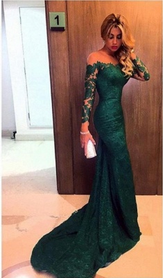 Dark Green Prom Dresses Long Sleeve Lace Sheath Evening Gown Bag258_1