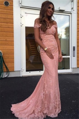 Pink Mermaid Off the Shoulder Prom Dresses  Lace Sweep Train Evening Gowns_2