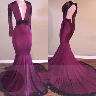 Deep V-neck Black Lace Appliques Prom Dress | Long Sleeve Mermaid Sexy Evening Gown BA7833_3