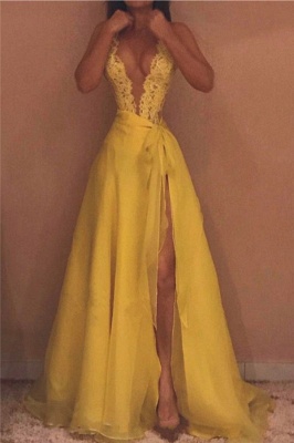 Deep V-neck Sexy Yellow Evening Dresses  | Side Slit Lace Sleeveless  Prom Dresses_1