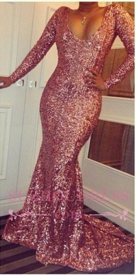 Simple Rose Pink Sequined Evening Gowns  Sexy Long Sleeves Mermaid Prom Dresses BA3866_2