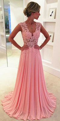 V-neck Pink  Long Prom Dresses Elegant Popular Evening Dress CE043_1