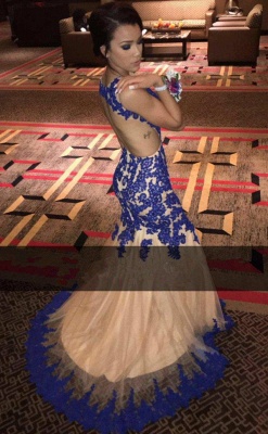 Sleeveless Lace Backless Sexy Prom Dresses |  Mermaid V-neck Royal Blue Evening Dress_4