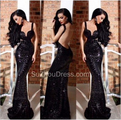 New Black Sequined Prom Dresses Mermaid Backless Sweetheart Sweep Train Prom Gowns_2