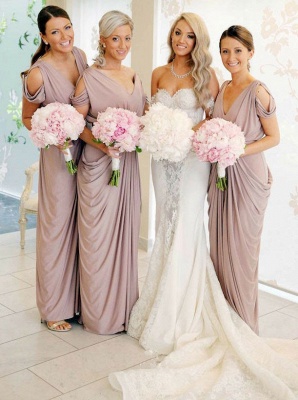 Simple V-Neck Sheath Bridesmaid Dresses |  Floor Length Ruffles Evening Dress_1