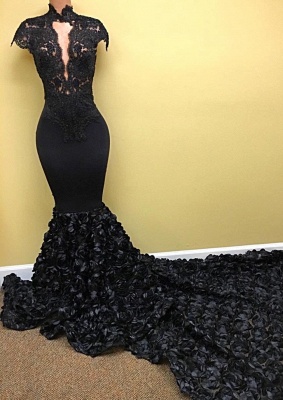 Amazing Black Prom Dress  Lace Flowers Long Train Mermaid Formal Evening Gowns_1