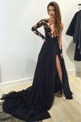 Sexy Black Prom Dress  Lace Sleeved Long Evening Dress with Slit TB0317_1