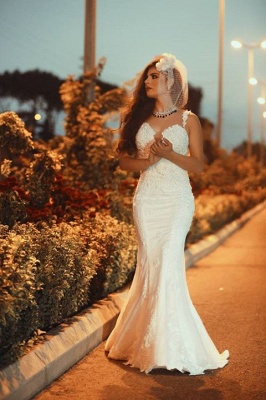 Spaghetti Strap White Sexy Mermaid Bridal Gown  New Arrival Lace Detachable Train Wedding Dress_1