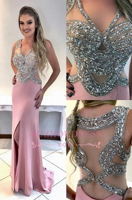Glamorous V-Neck Sleeveless Crystal Evening Dresses | Pink Split Prom Dress_3