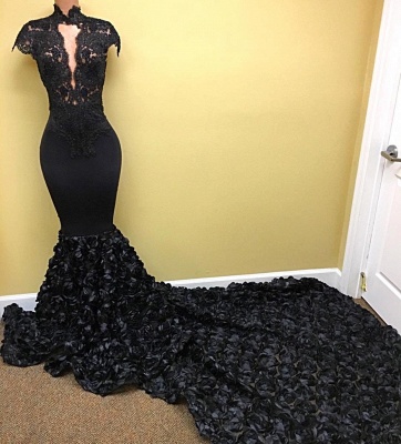 Amazing Black Prom Dress  Lace Flowers Long Train Mermaid Formal Evening Gowns_3