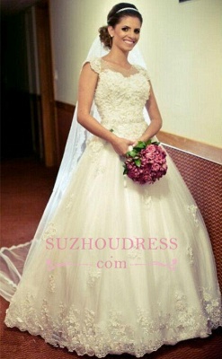 Appliques Princess Cap-Sleeve Lace Gown Ball Crystal-Belt Jewel Tulle Wedding Dres_1