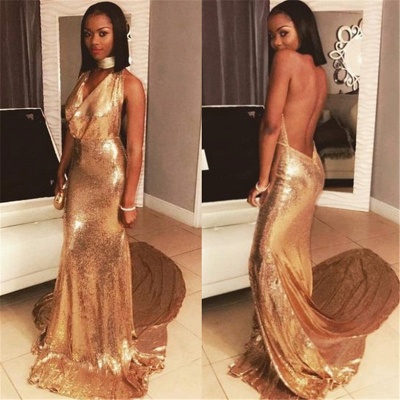 Halter Backless Sequins Prom Dresses Sexy | Gold Sequins V-neck Evening Gown with Long Train_3