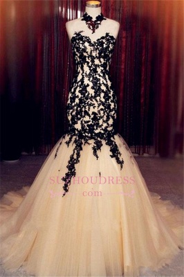 Sleeveless Lace Formal Dress Mermaid Tulle Champagne High Neck  Black Evening Dress BA8175_1