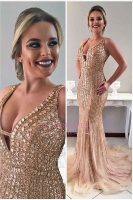 Champagne Gold Mermaid Sleeveless Prom Dress | Crystal Straps Sweep-Train Evening Gowns_2