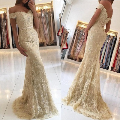 Off The Shoulder Champagne Lace Prom Dresses  Sexy Long  Formal Evening Dress BA6944_4