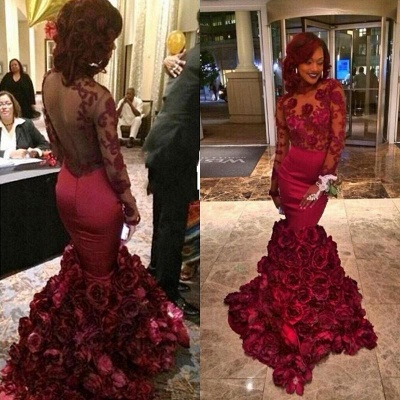 Burgundy Long Sleeve Prom Dresses  Mermaid Lace Floral Evening Dress CE045_3