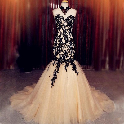 Sleeveless Lace Formal Dress Mermaid Tulle Champagne High Neck  Black Evening Dress BA8175_3